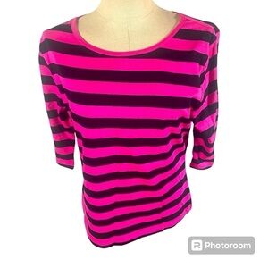 NWT Allegra K Women's Elbow Sleeves Top Round Neck Tee Fuscia/Black Stripe